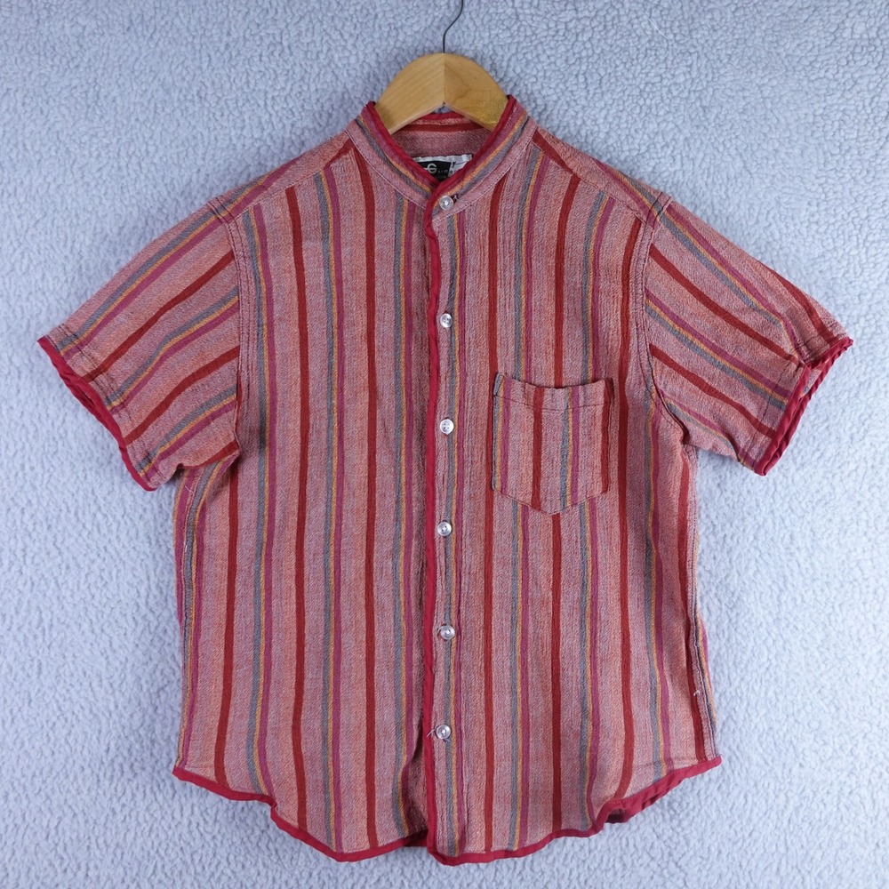 Vintage Engineered Garments Mens Red Striped Band Collar Short Sleeve Shirt M